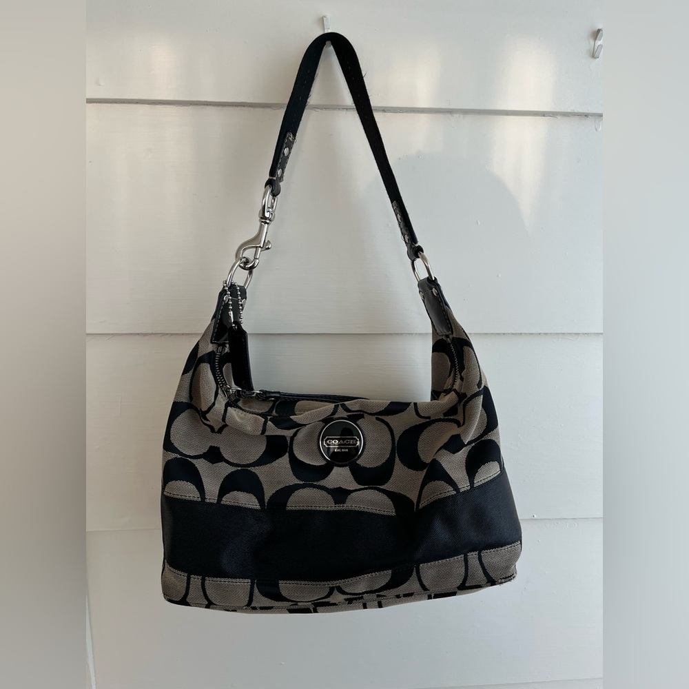 Coach Signature Stripe Hobo Bag black and gray